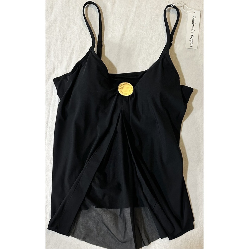 Amoressa Swimwear Women 8 Farrah Tankini Underwire Support Mesh Front Top Black